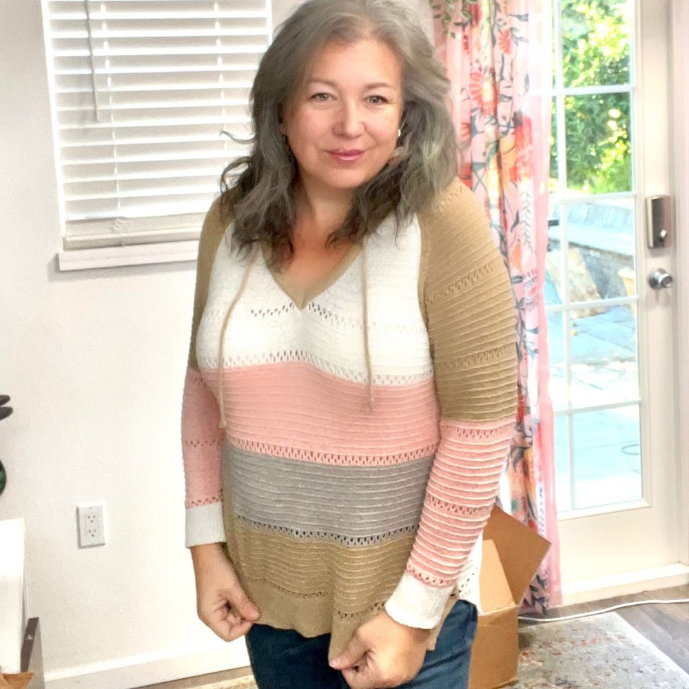 Color block V neck Stripe Hoodie Sweater Top L